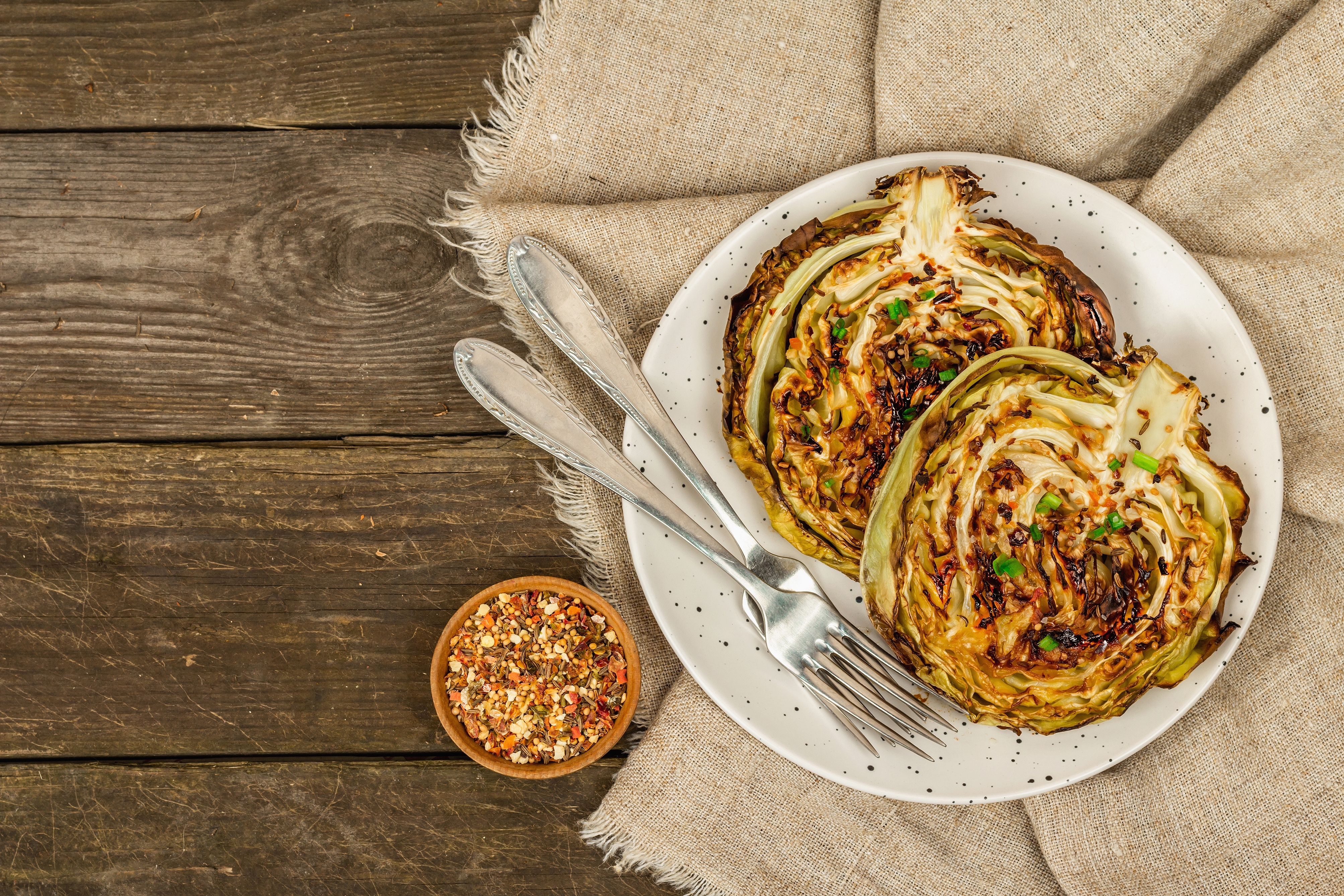 Seared Cabbage, White Bean and Tamarind Mash and Curried Onion Sauce
